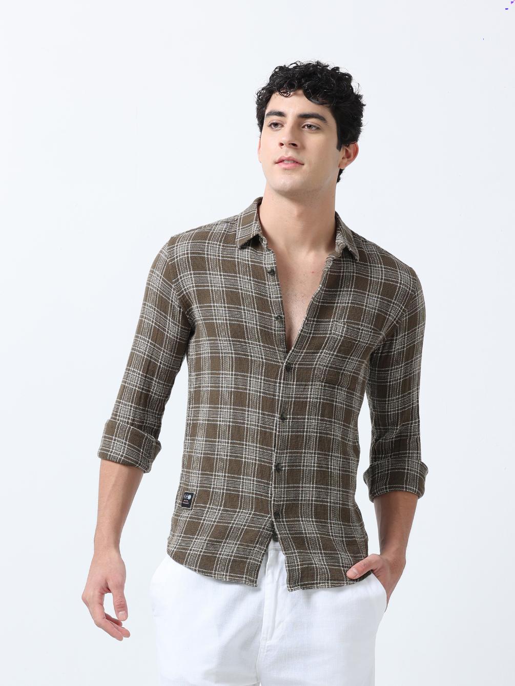 Olive Textured Checks Shirt