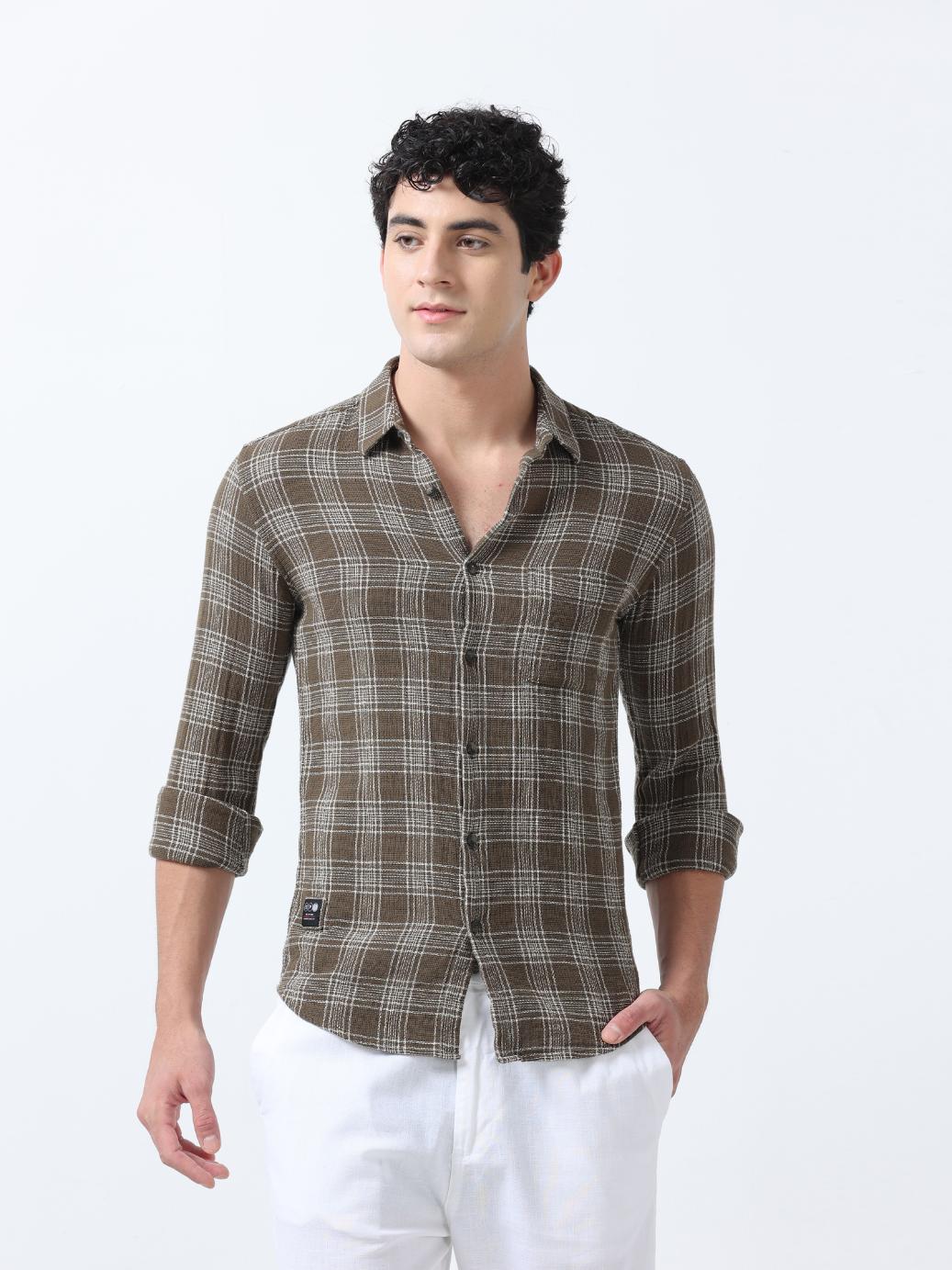 Olive Textured Checks Shirt