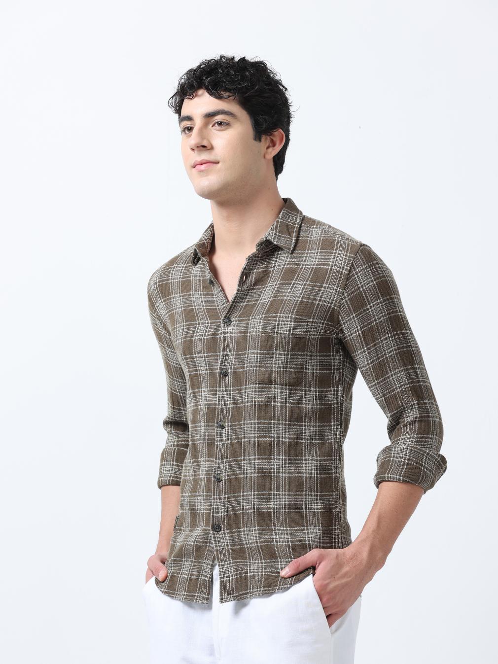Olive Textured Checks Shirt