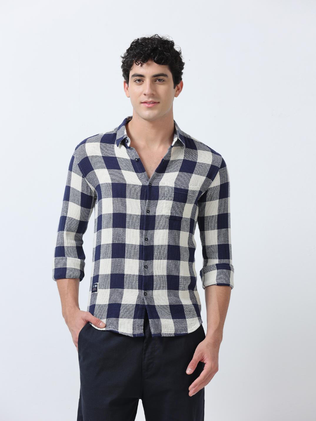Blue Textured Checks Shirt