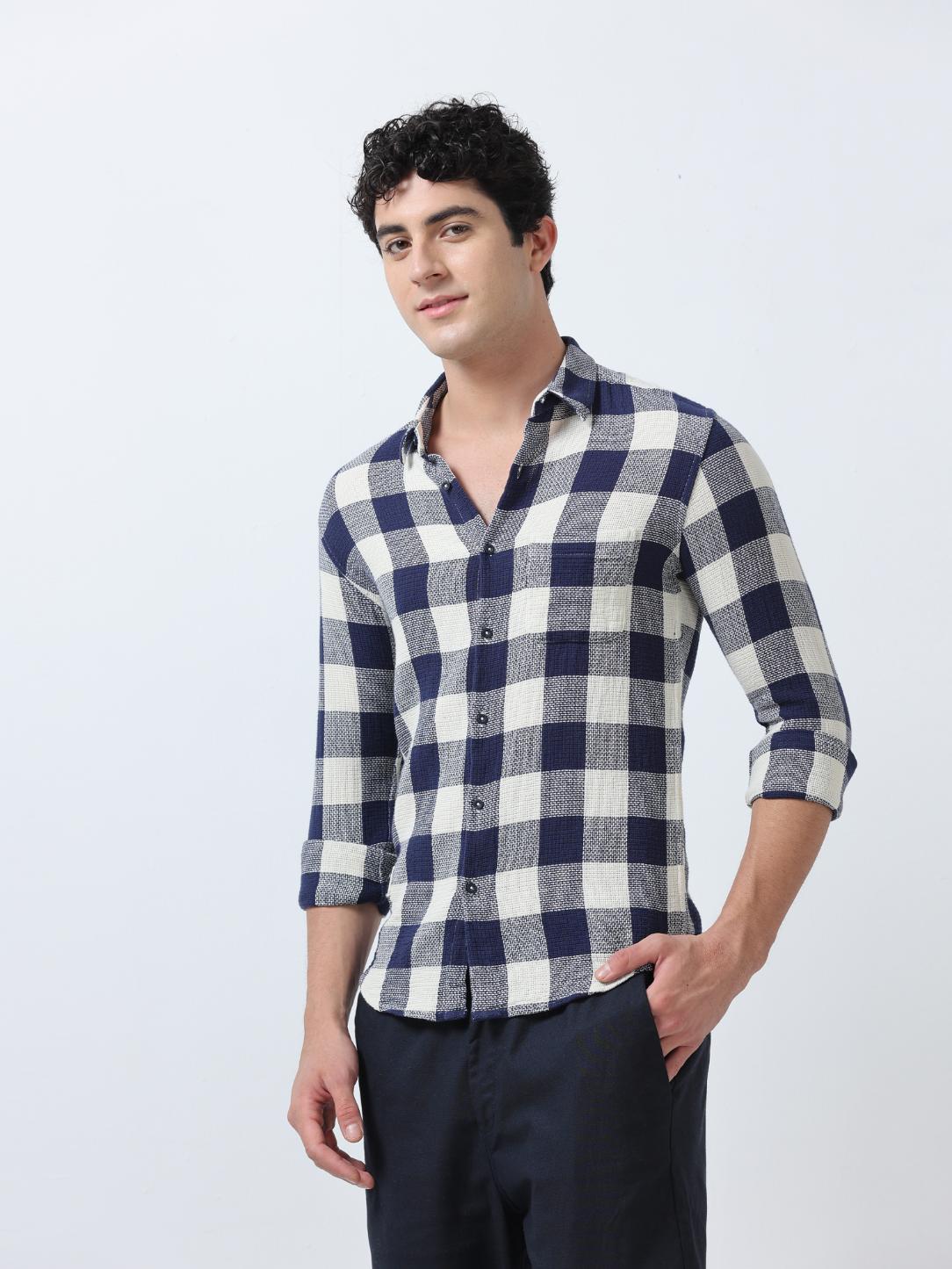 Blue Textured Checks Shirt