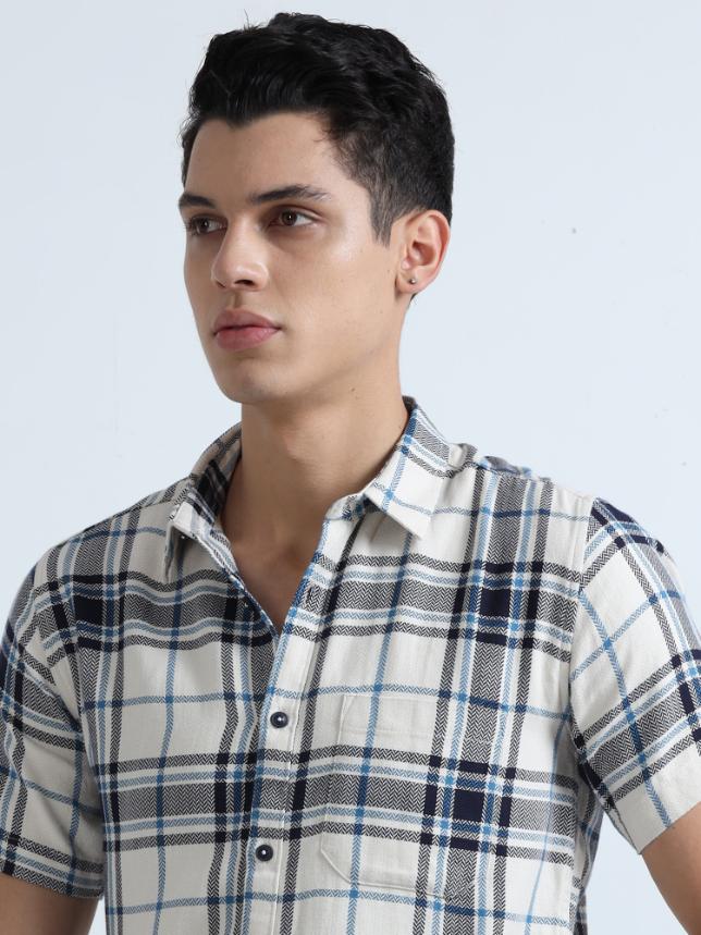 Blue Checkered Slim Fit Cotton Shirt