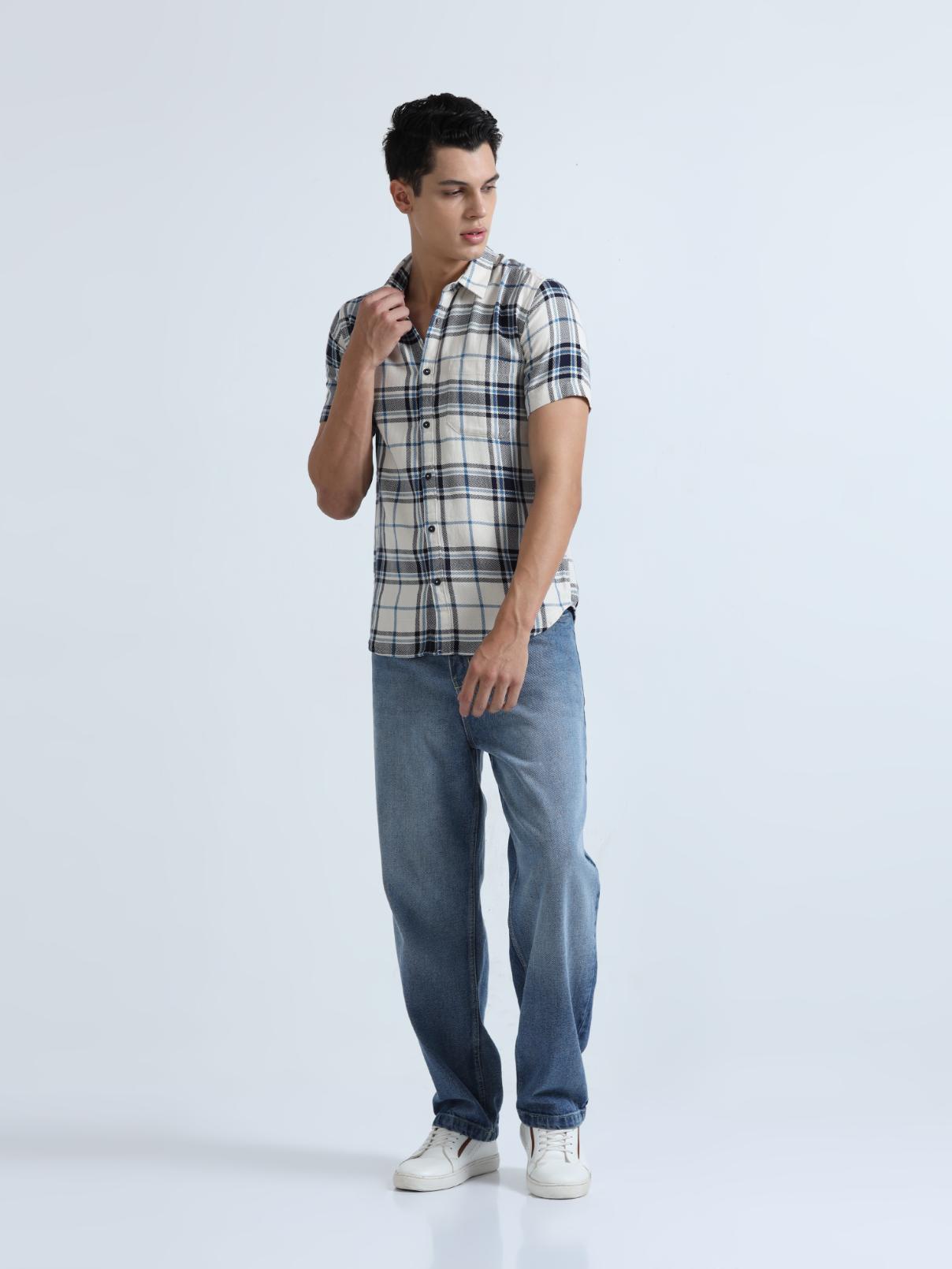 Blue Checkered Slim Fit Cotton Shirt