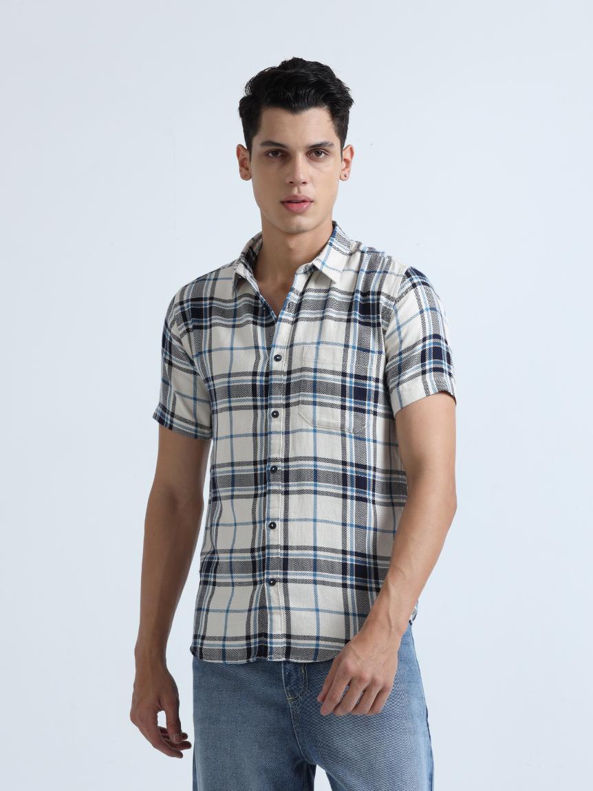 Blue Checkered Slim Fit Cotton Shirt
