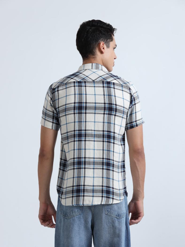 Blue Checkered Slim Fit Cotton Shirt