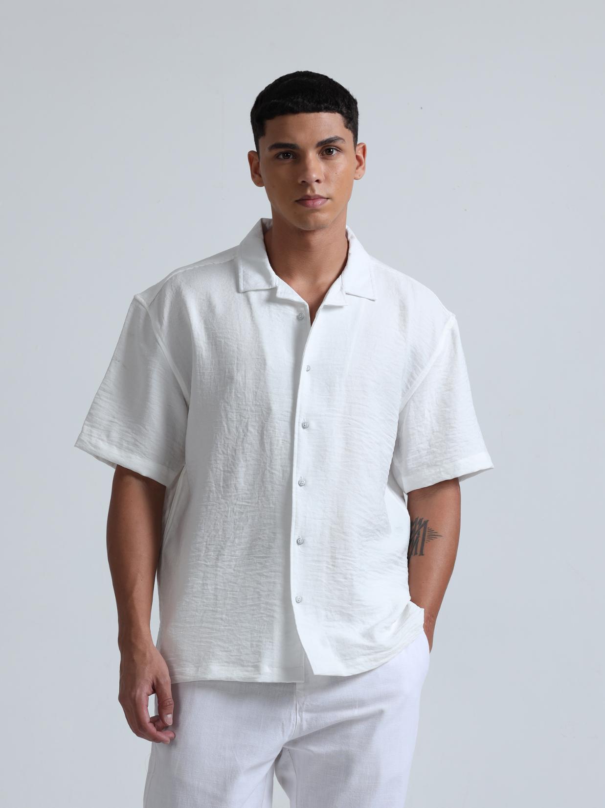 White Cuban Collar Oversized Shirt