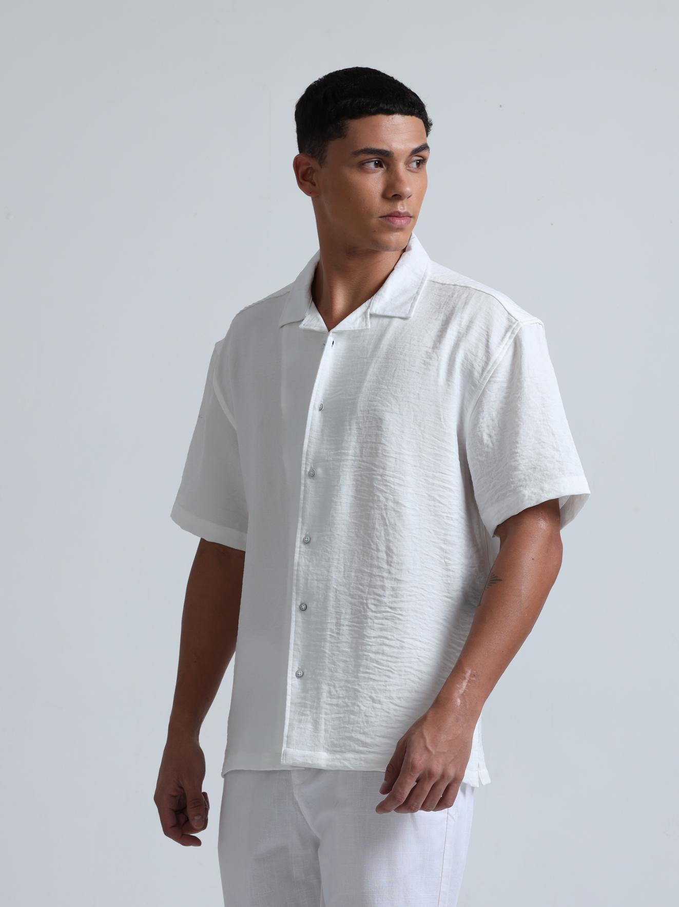 White Cuban Collar Oversized Shirt