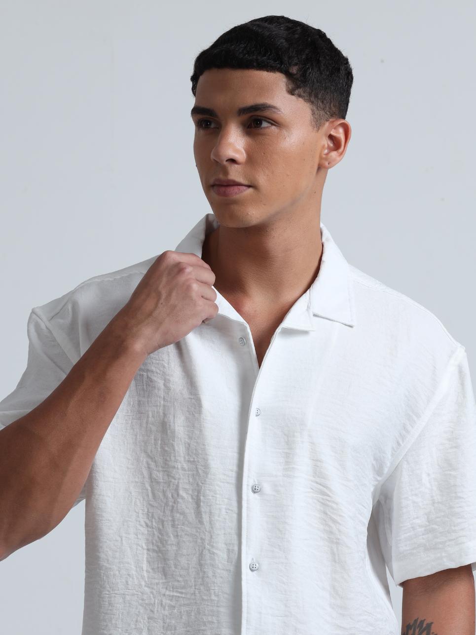 White Cuban Collar Oversized Shirt