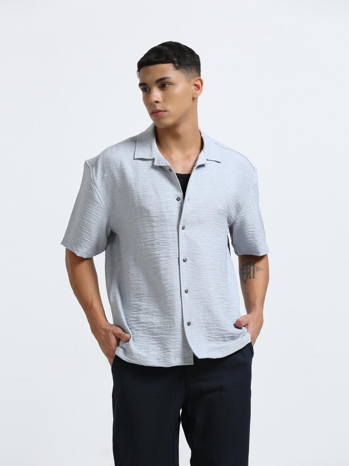 Grey Cuban Collar Oversized Shirt