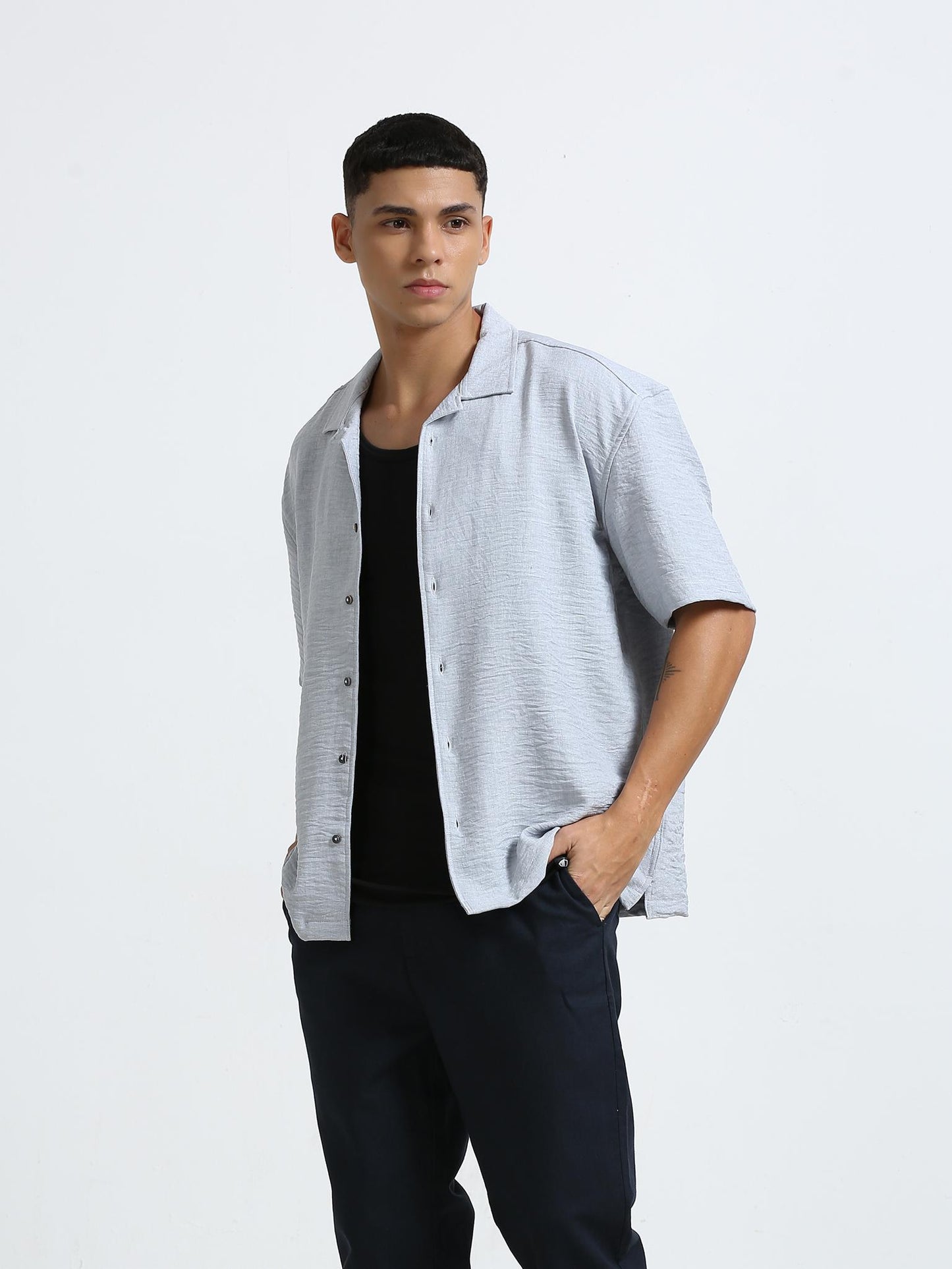 Grey Cuban Collar Oversized Shirt