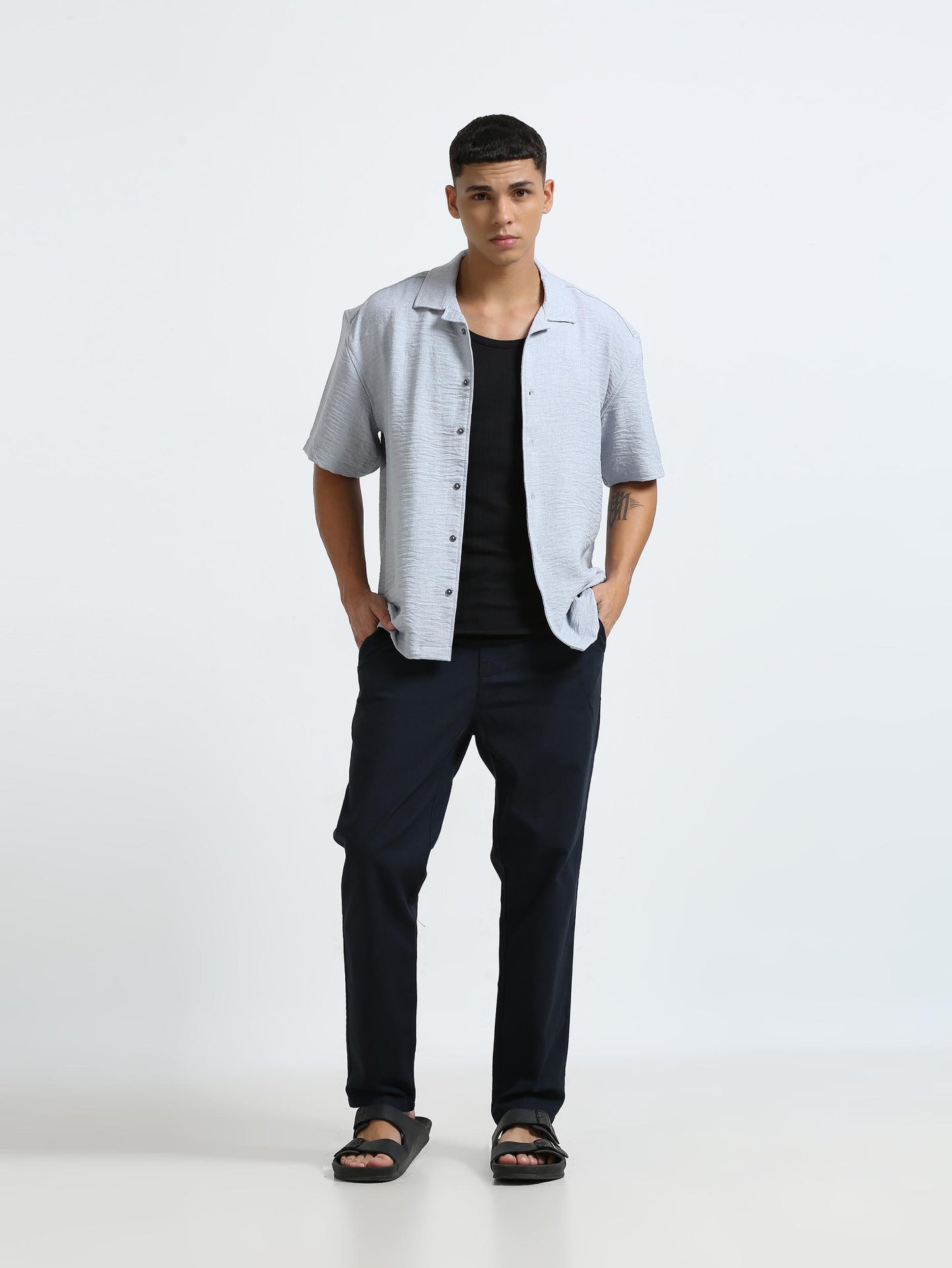 Grey Cuban Collar Oversized Shirt