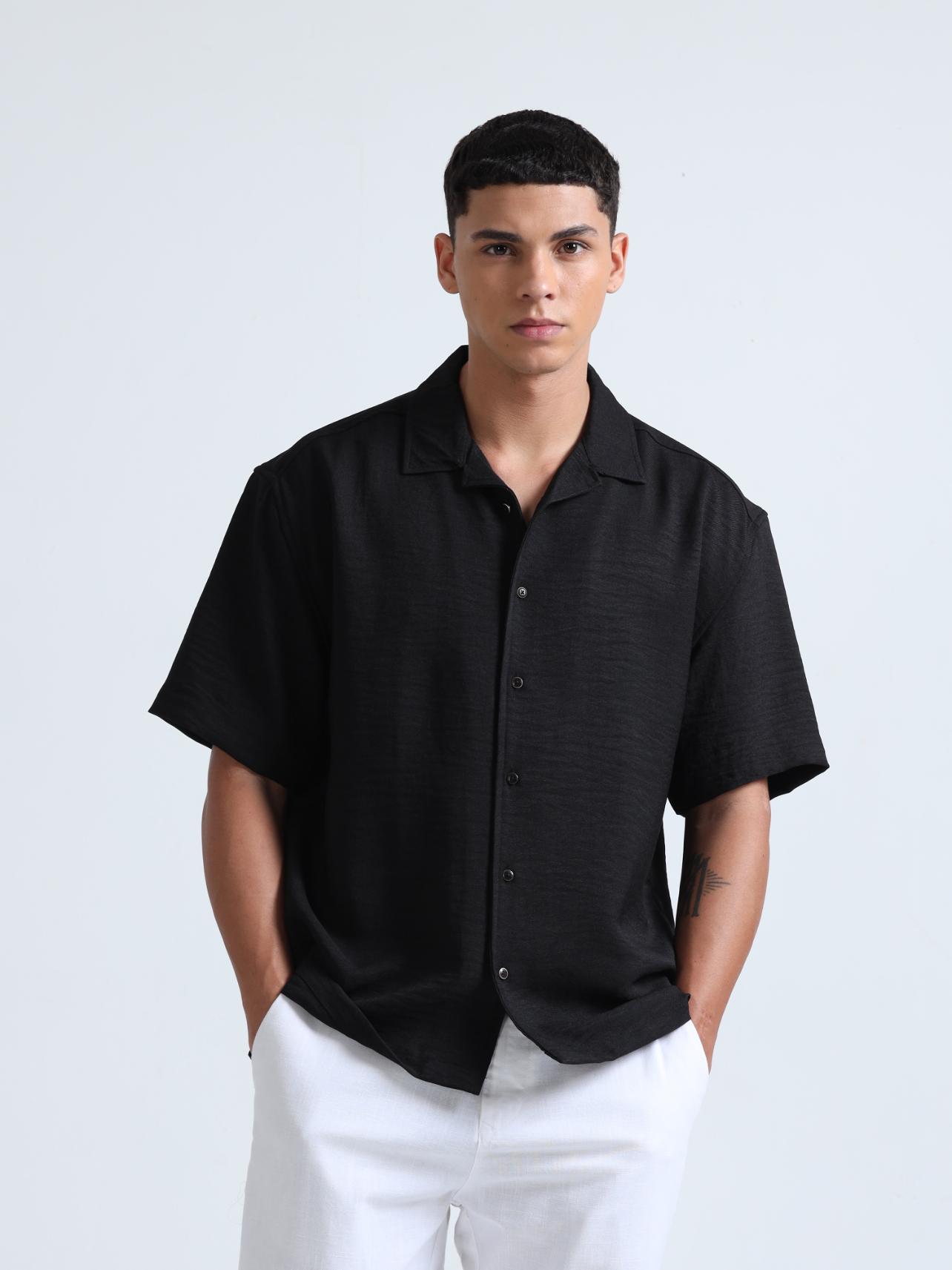 Black Cuban Collar Oversized Shirt