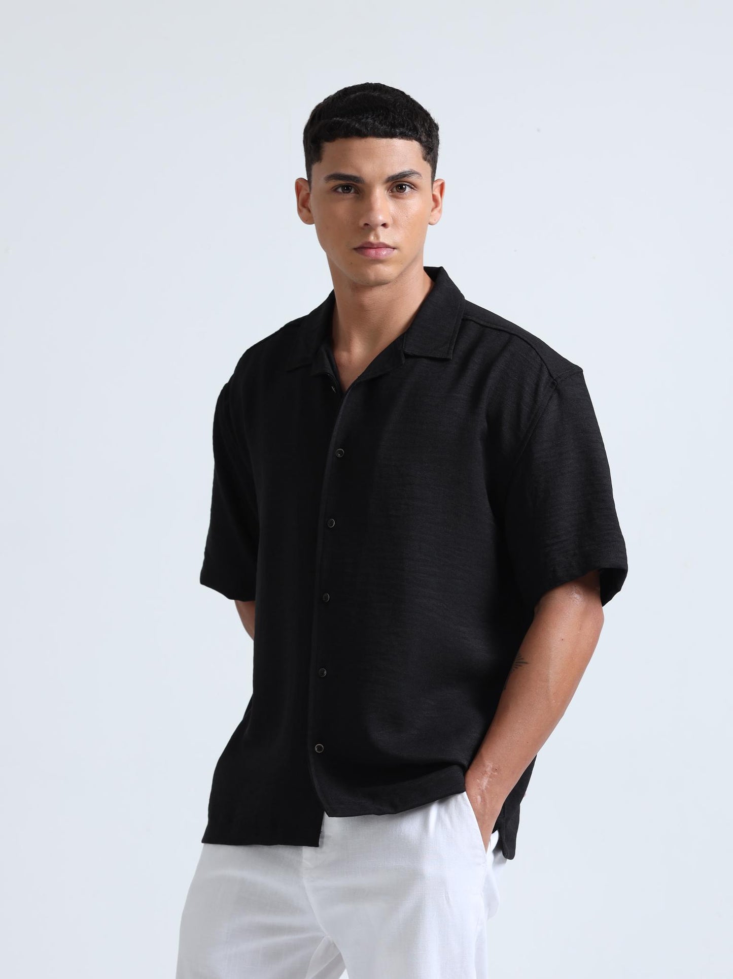 Black Cuban Collar Oversized Shirt