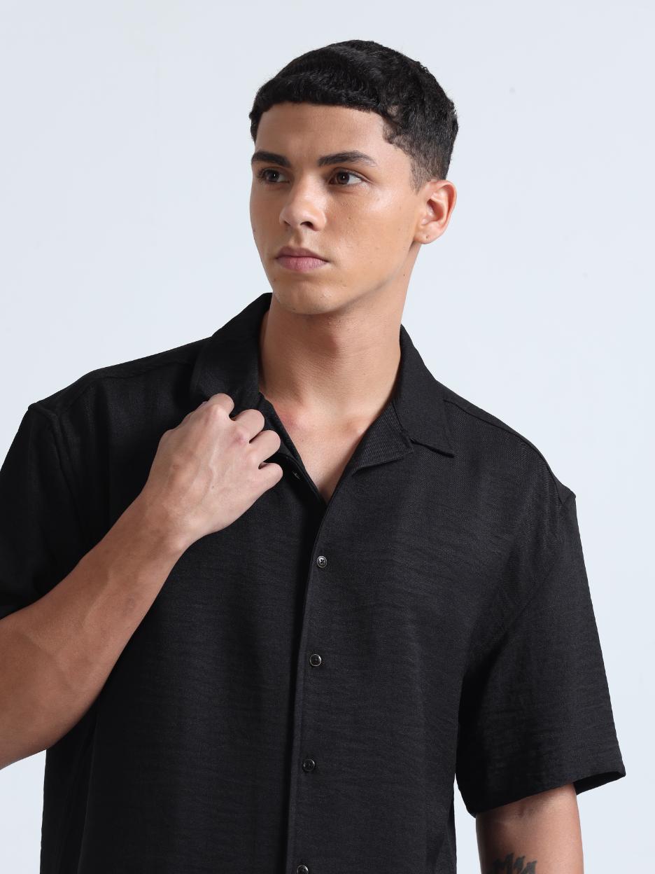 Black Cuban Collar Oversized Shirt