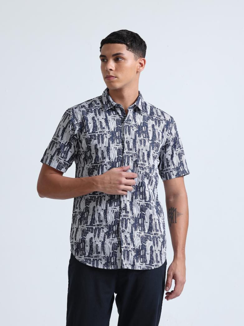 Blue Abstract Print Textured Shirt