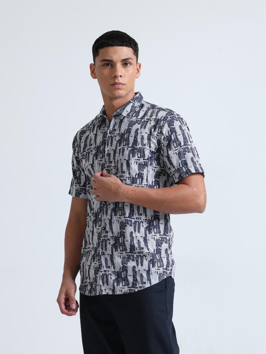 Blue Abstract Print Textured Shirt