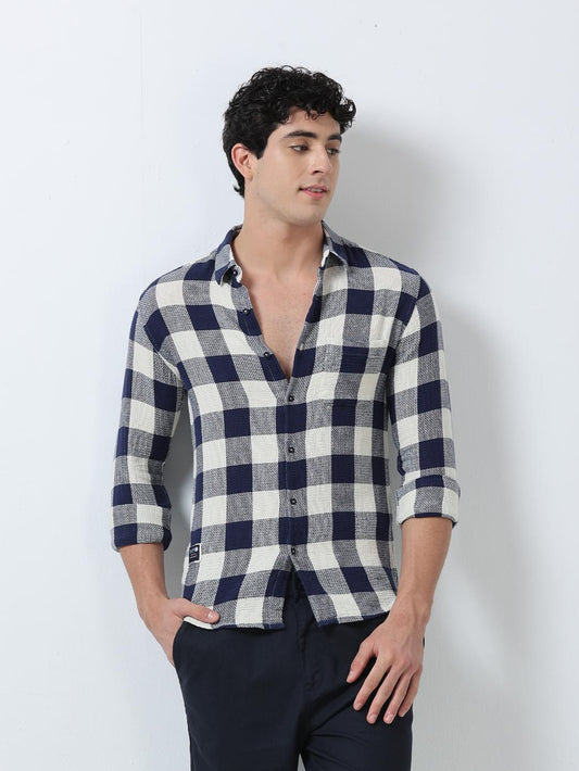 Blue Textured Checks Shirt