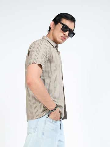 Beige Vertical Stripe Short Sleeve Shirt