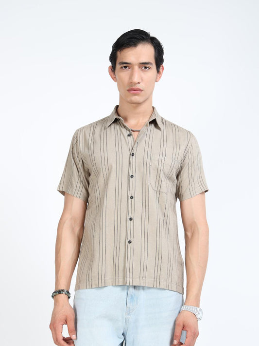 Beige Vertical Stripe Short Sleeve Shirt