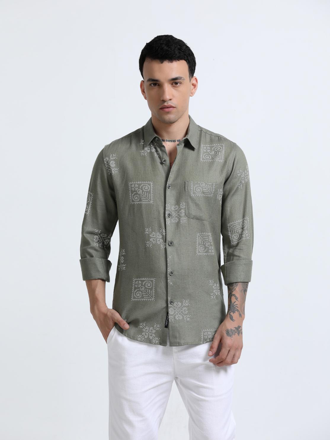 Dot Motif Olive Green Shirt