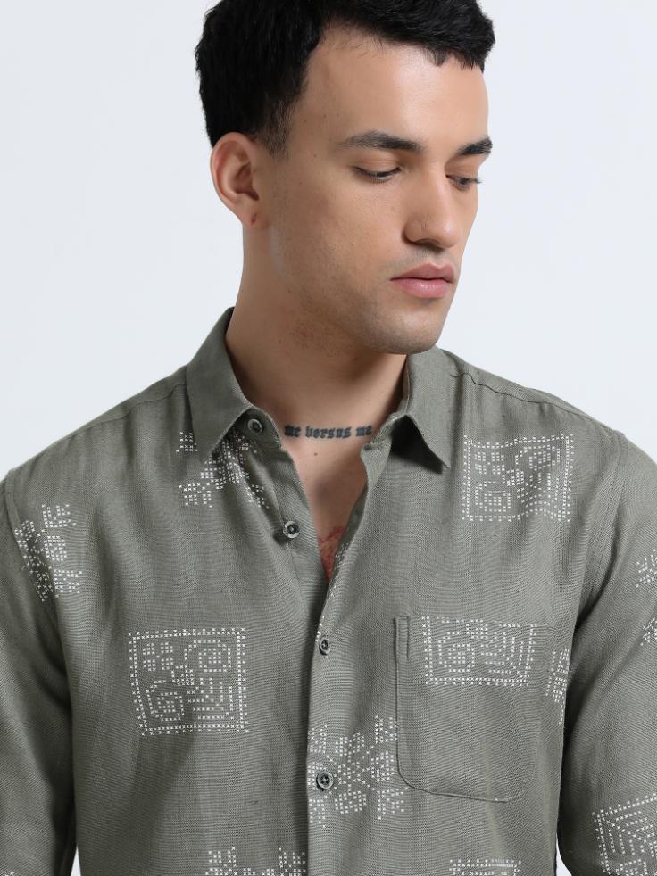 Dot Motif Olive Green Shirt