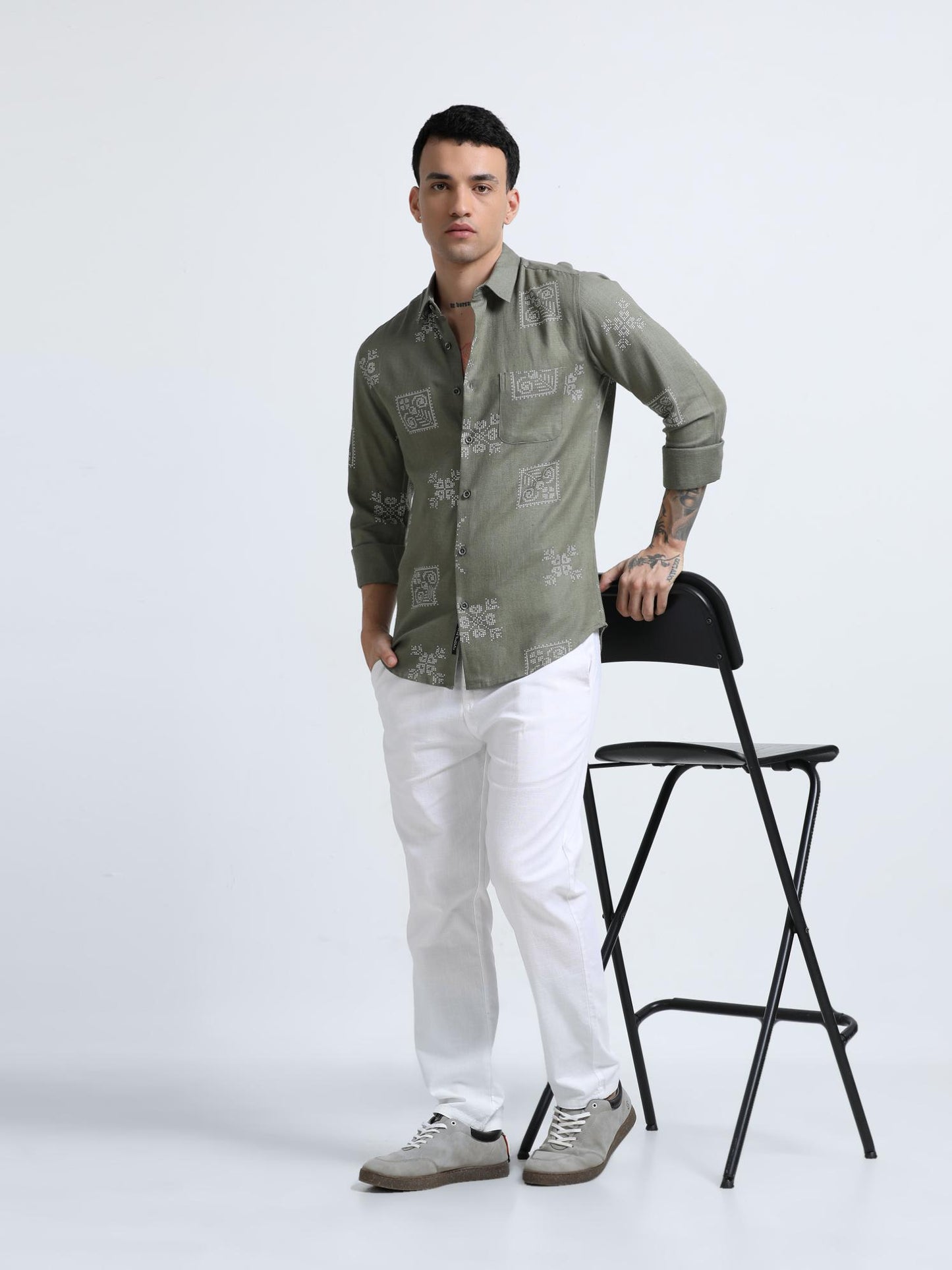 Dot Motif Olive Green Shirt