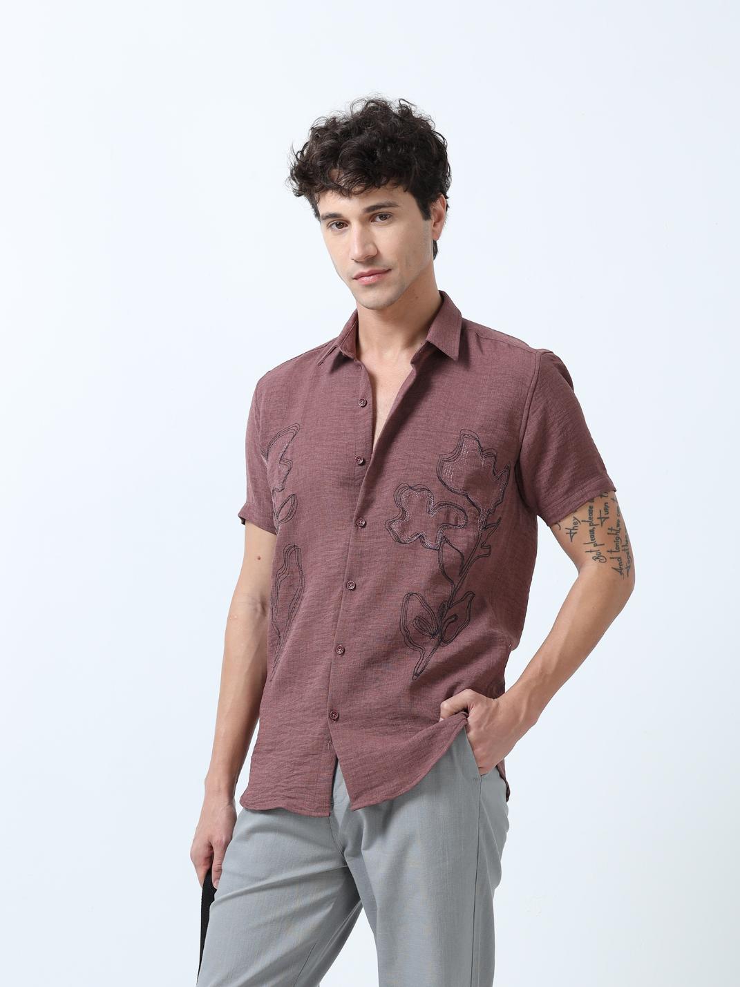 Brown Decorative Art Embroidered Shirt