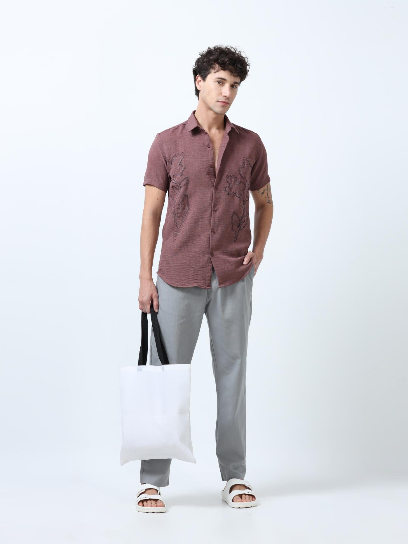 Brown Decorative Art Embroidered Shirt