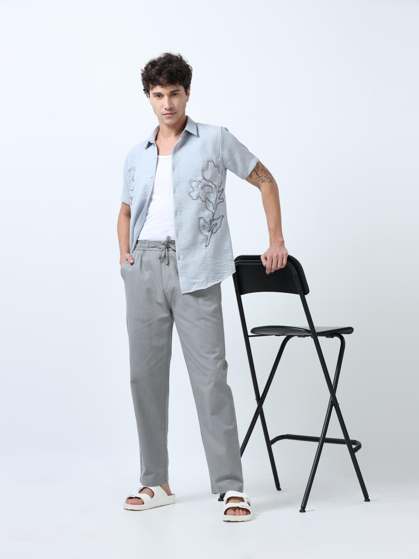 Grey Decorative Art Embroidered Shirt