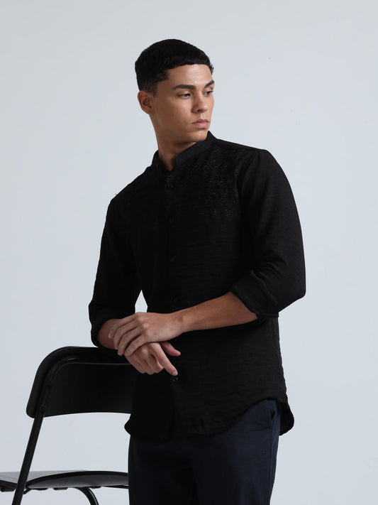 Chest Embroidered Black Shirt
