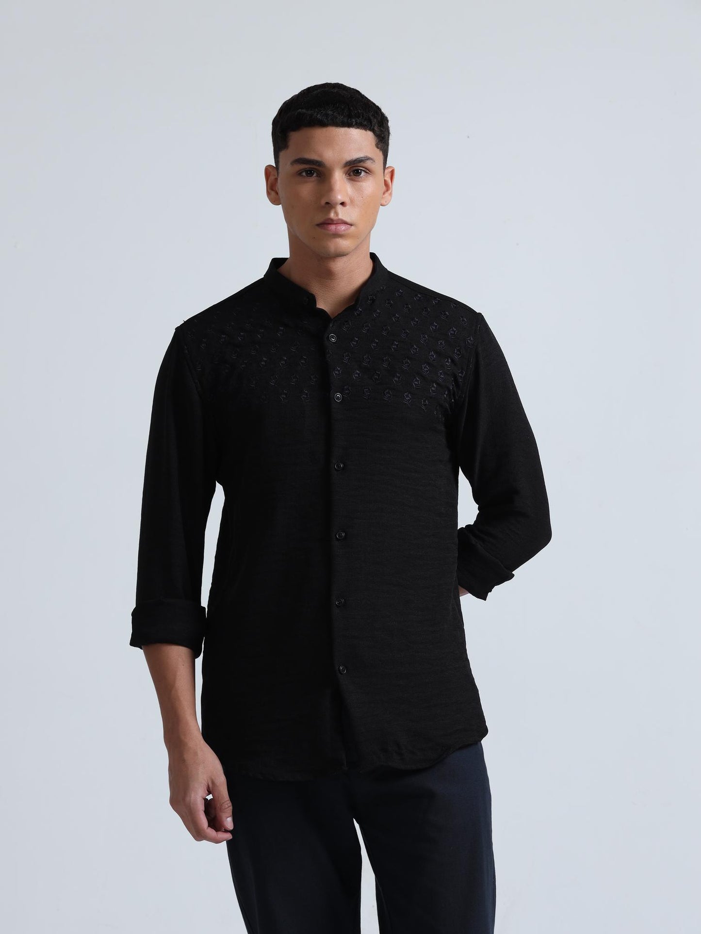 Chest Embroidered Black Shirt