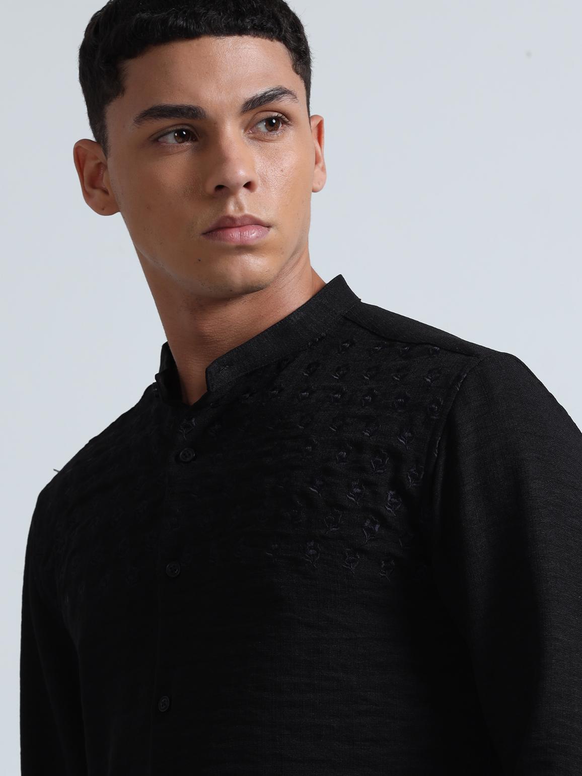 Chest Embroidered Black Shirt