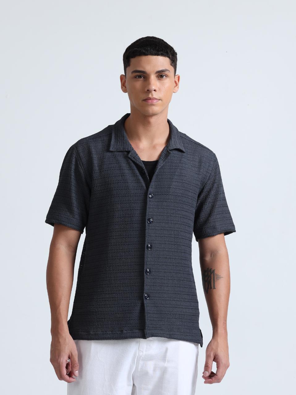 Grey Cuban Collar Knitted Shirt