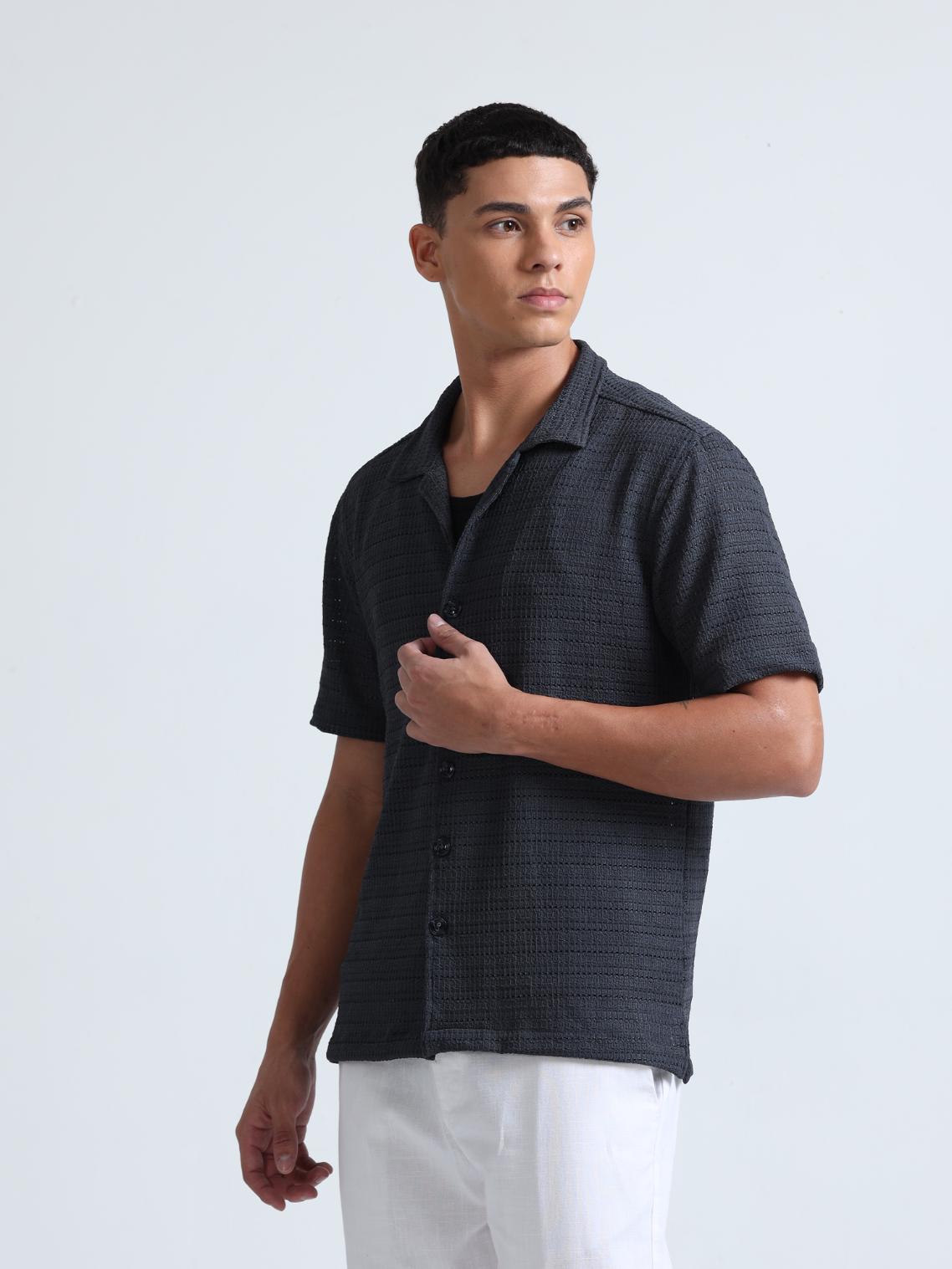 Grey Cuban Collar Knitted Shirt
