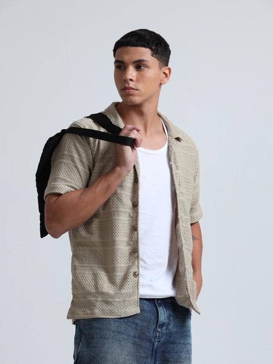 Beige Cuban Collar Knitted Shirt