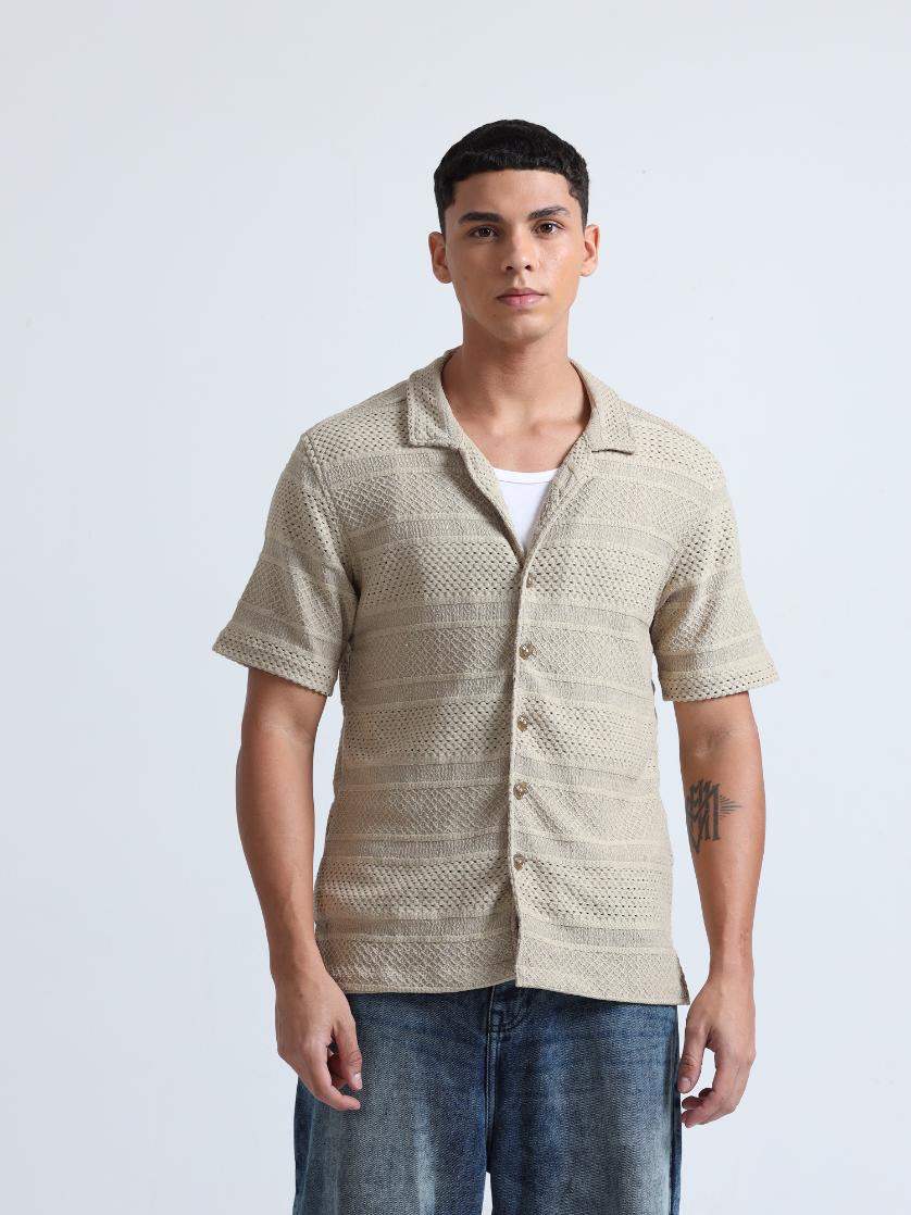 Beige Cuban Collar Knitted Shirt