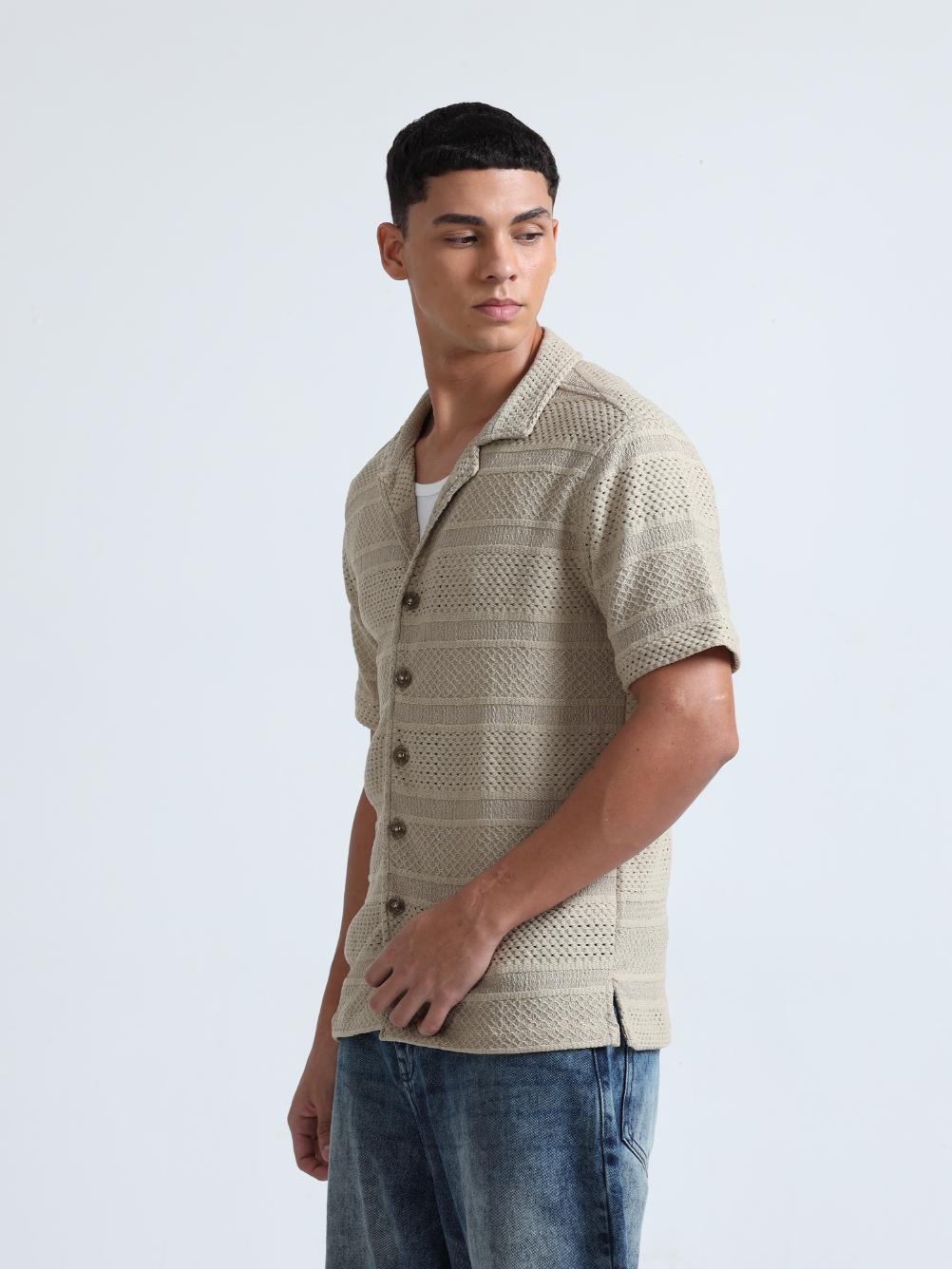 Beige Cuban Collar Knitted Shirt