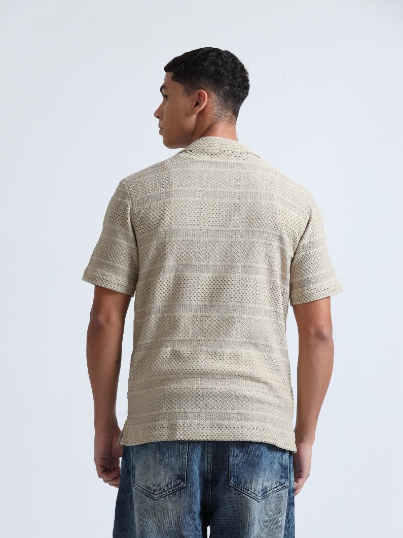Beige Cuban Collar Knitted Shirt