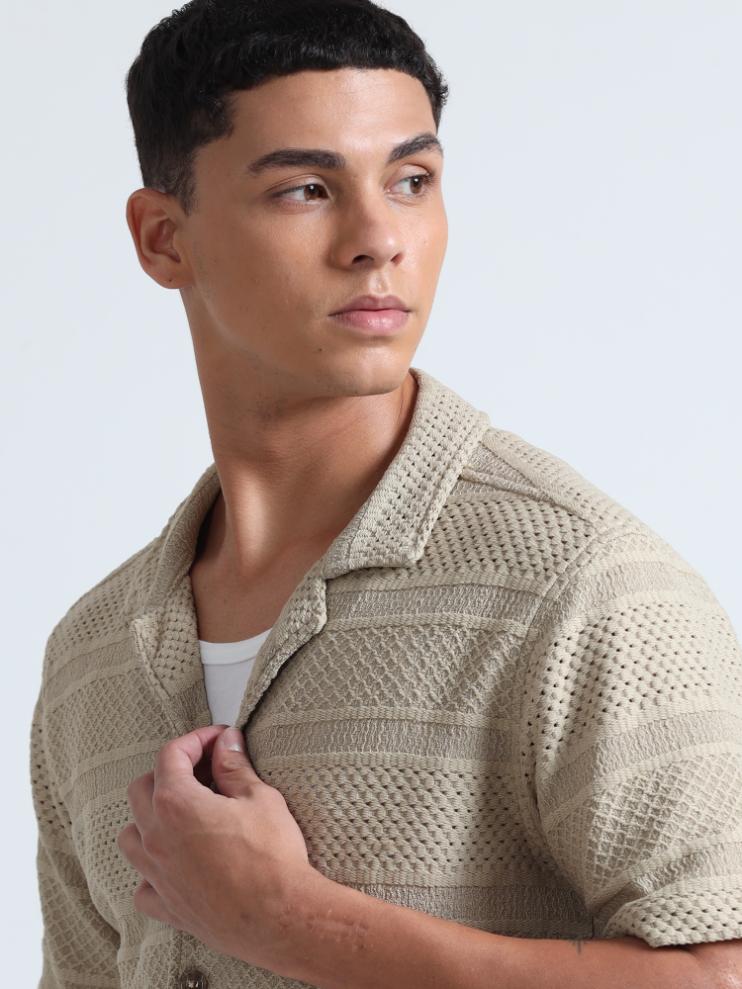 Beige Cuban Collar Knitted Shirt