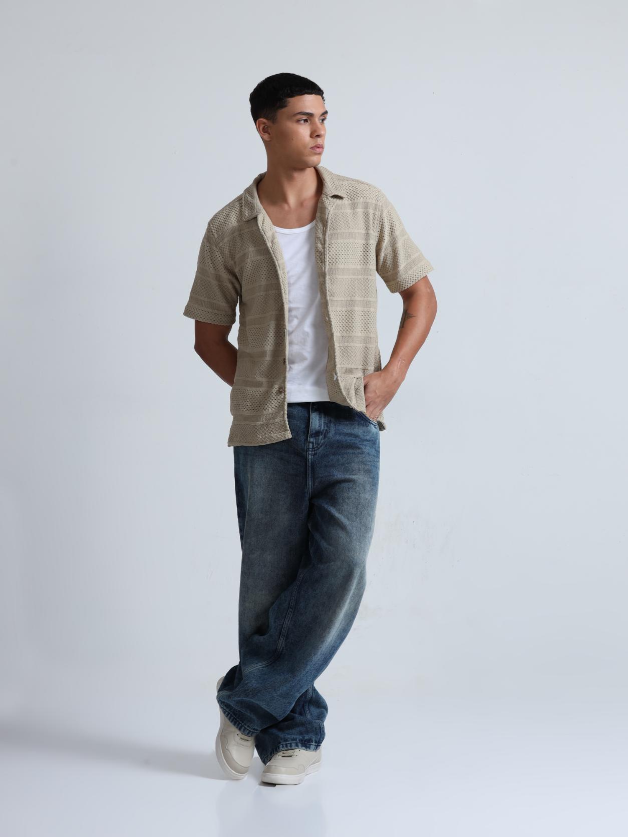 Beige Cuban Collar Knitted Shirt