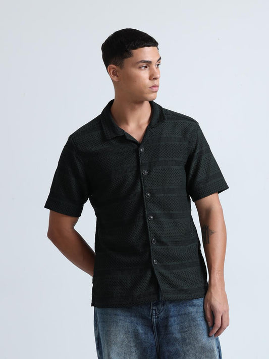 Green Cuban Collar Knitted Shirt