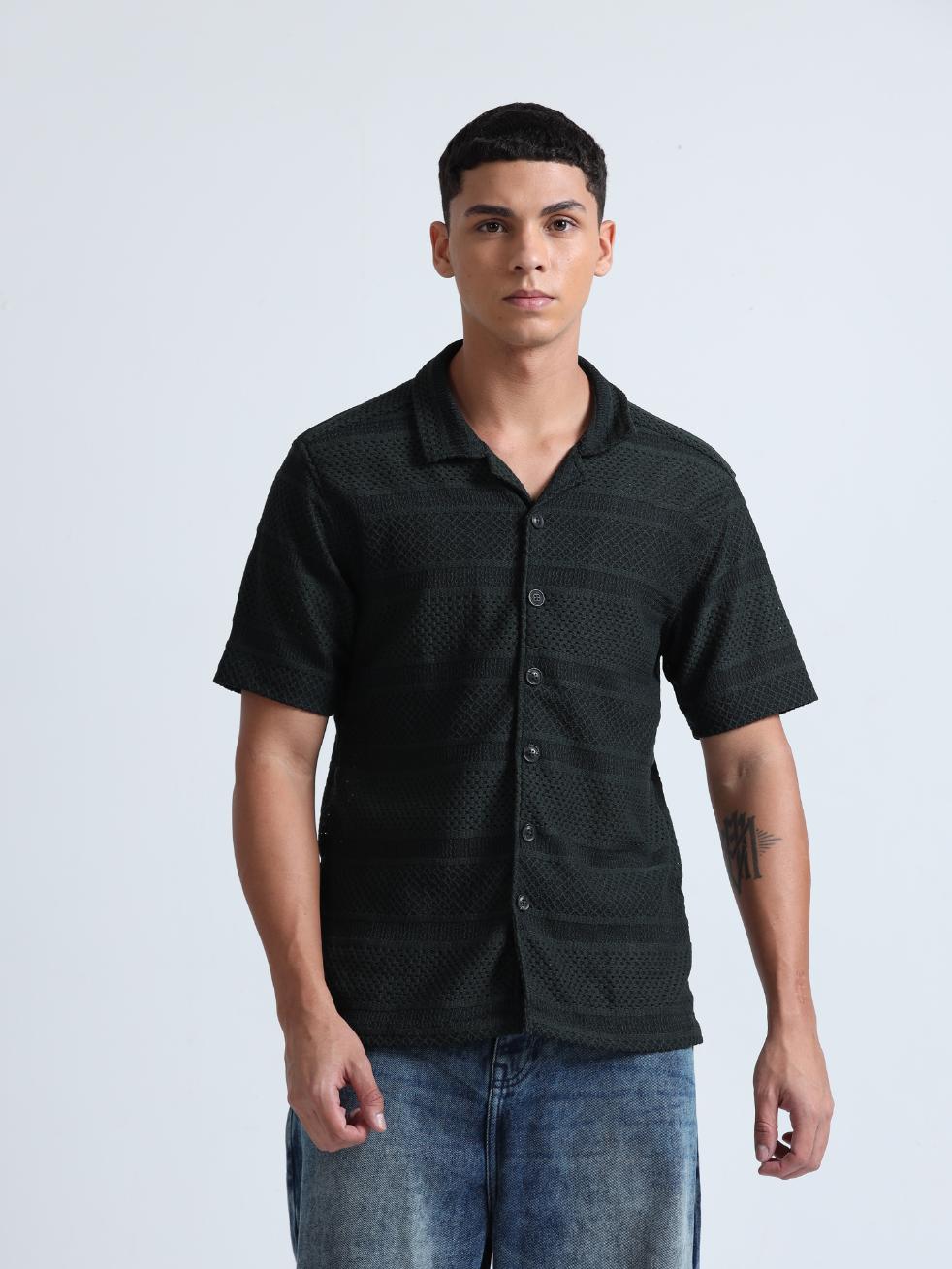 Green Cuban Collar Knitted Shirt