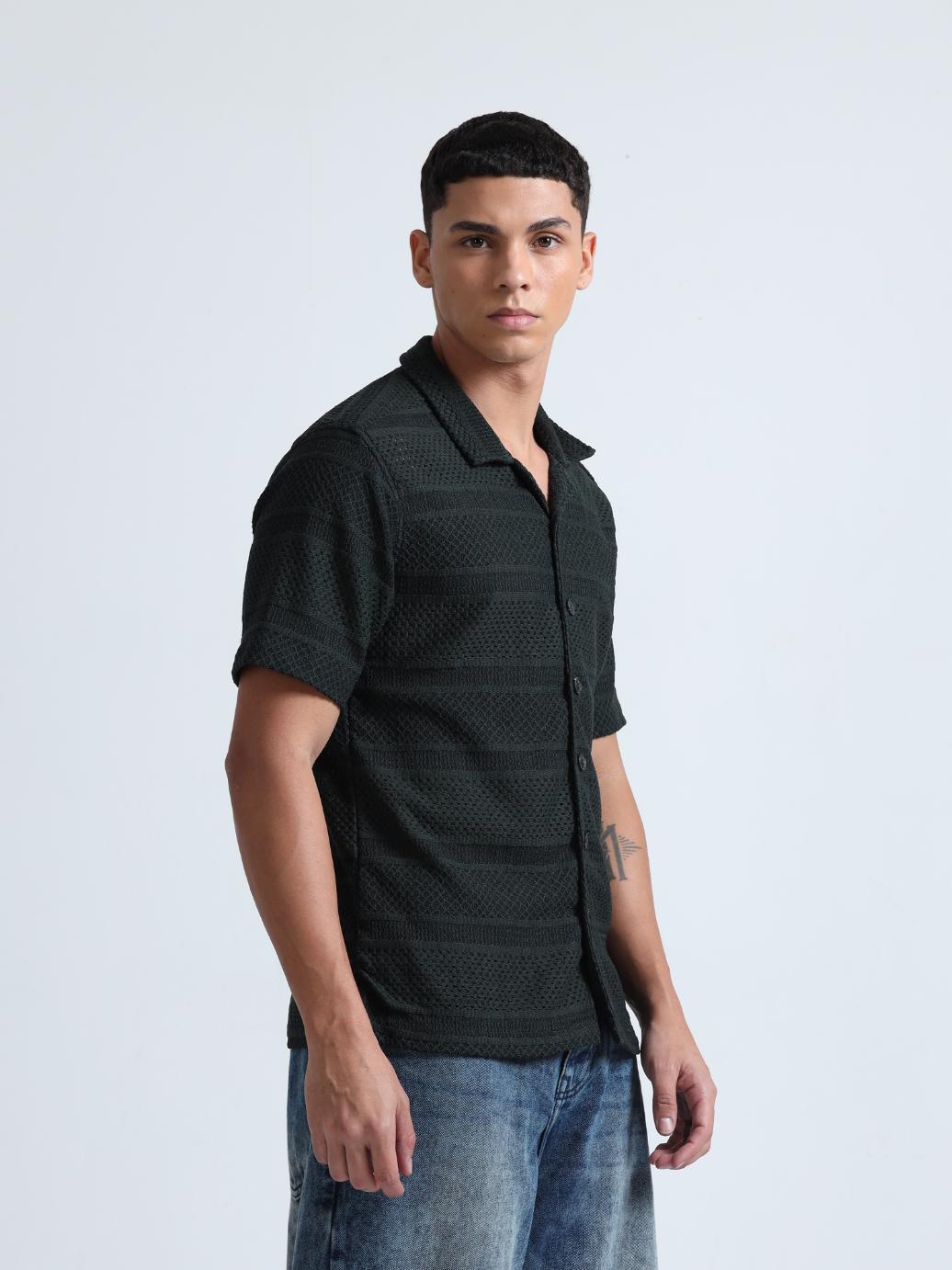 Green Cuban Collar Knitted Shirt
