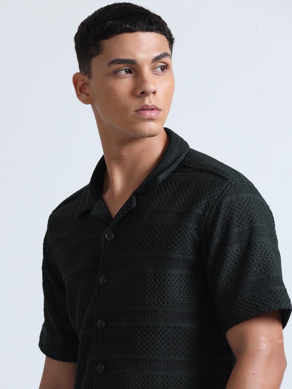 Green Cuban Collar Knitted Shirt