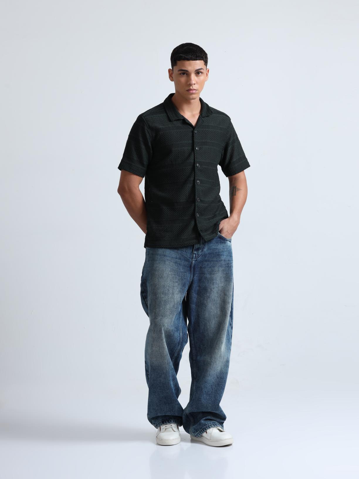 Green Cuban Collar Knitted Shirt