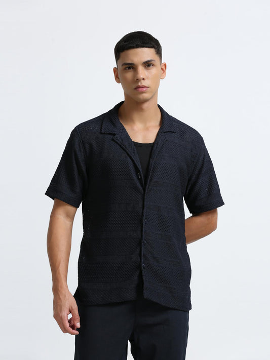 Blue Cuban Collar Knitted Shirt