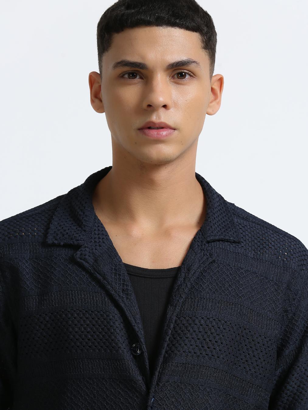 Blue Cuban Collar Knitted Shirt