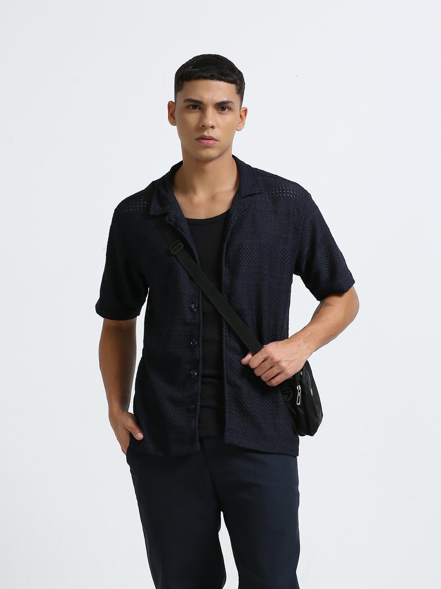 Blue Cuban Collar Knitted Shirt