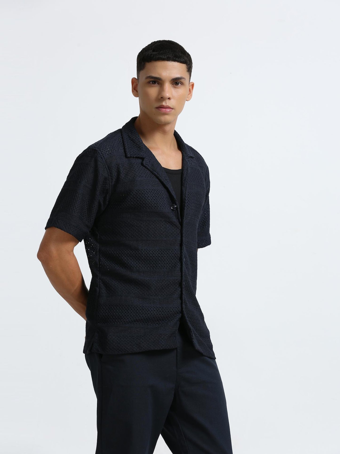 Blue Cuban Collar Knitted Shirt