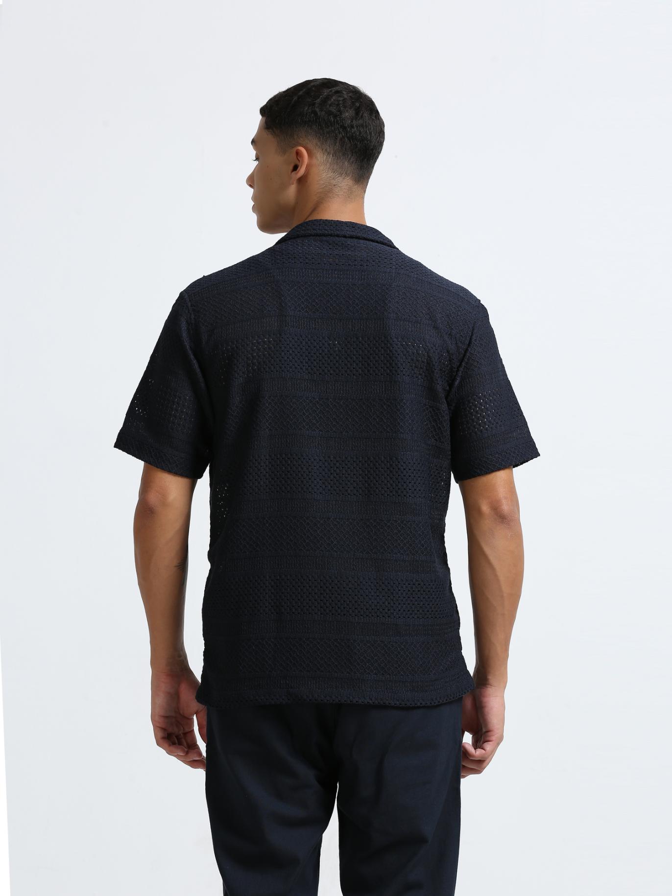 Blue Cuban Collar Knitted Shirt